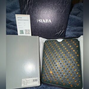 Prada Dark Green Studded Leather iPad Sleeve with Amber Studs